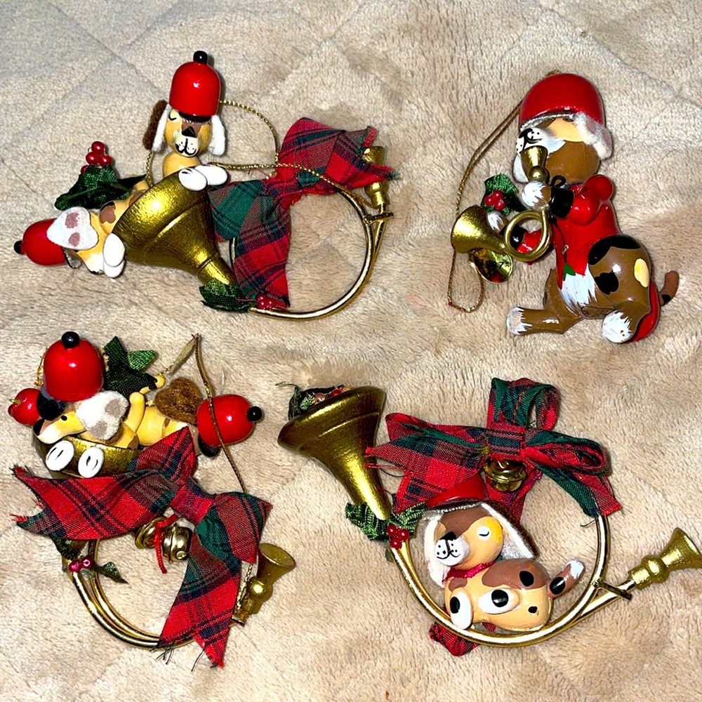 Kurt S Adler 1987 Christmas ornaments with pups displayed - never used